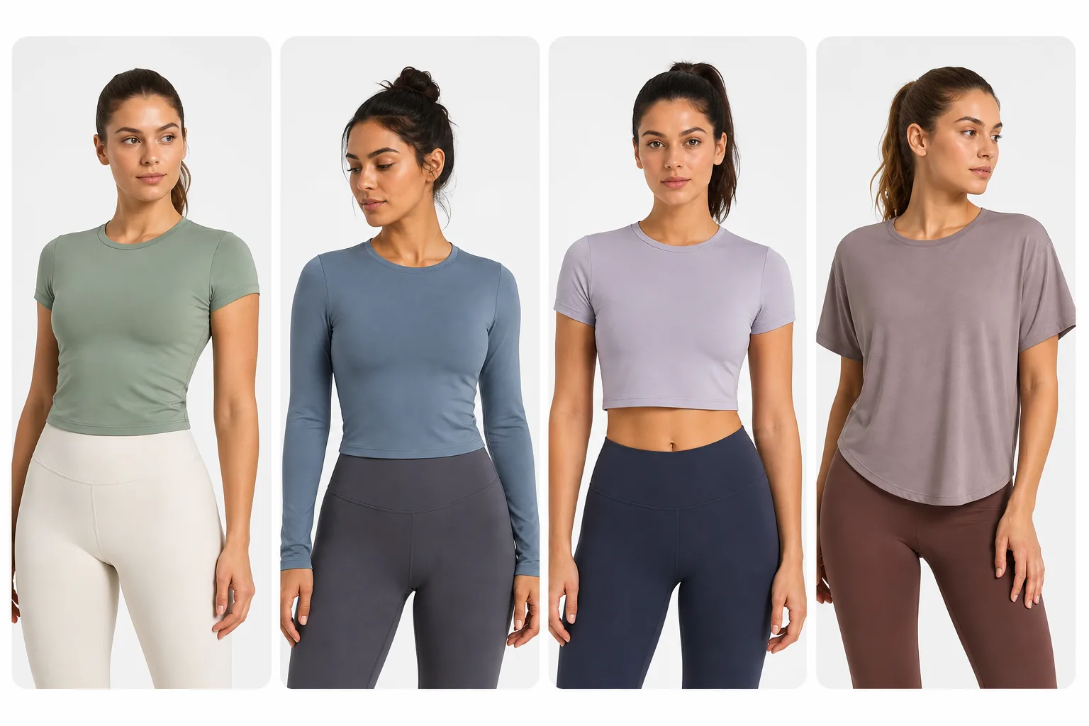 Four yoga top styles arranged for product comparison