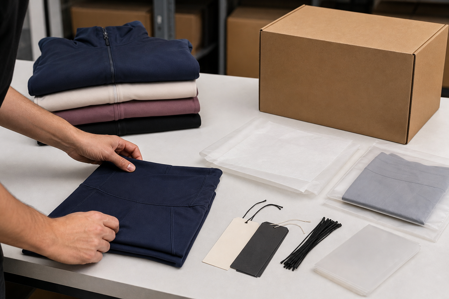 Activewear garments and packaging materials prepared on a packing table