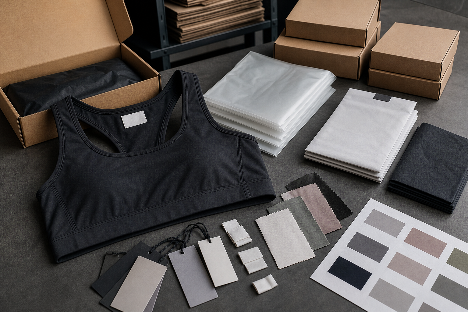 Activewear top with blank labels, decoration swatches, hangtags and packaging