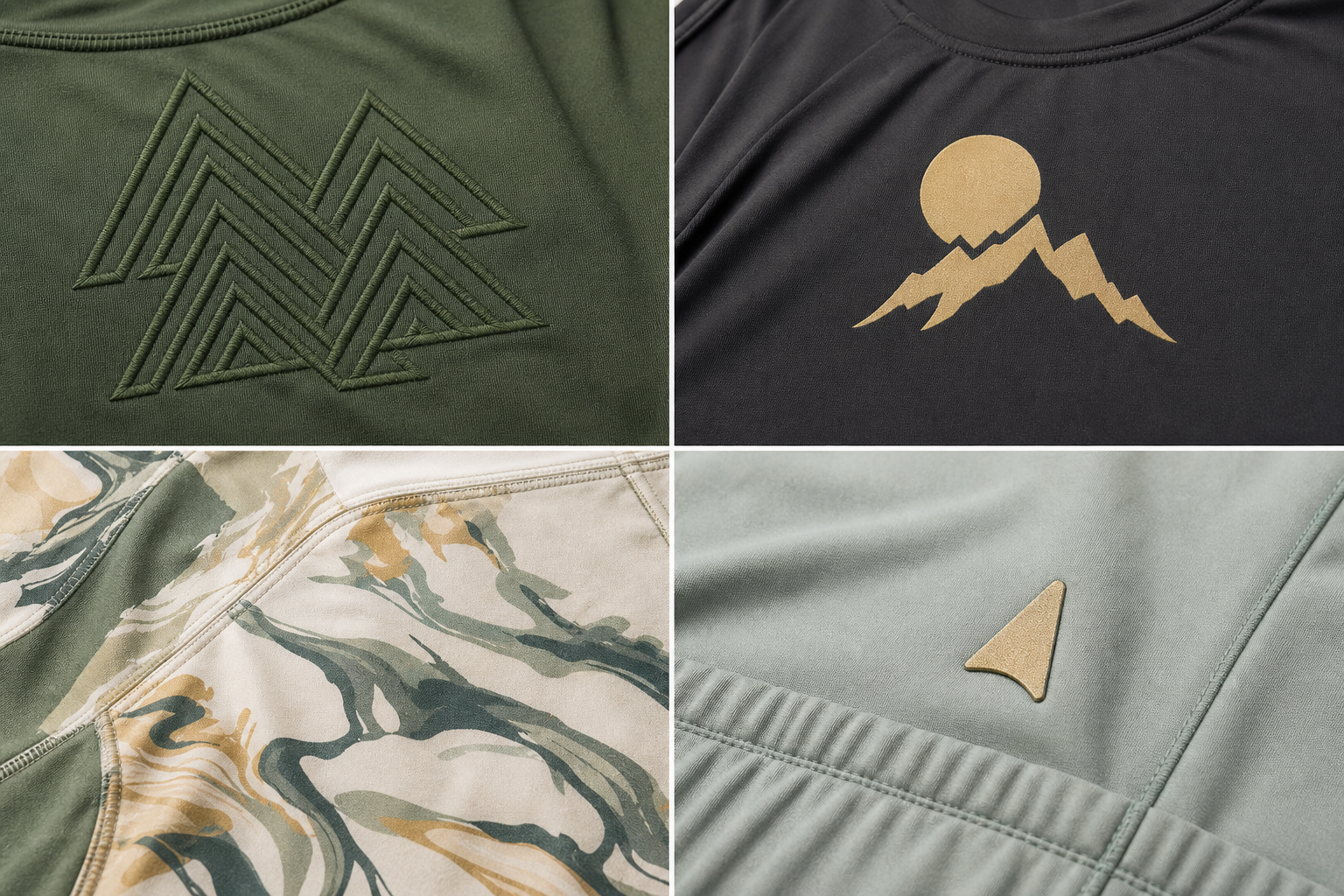 Fabric samples with four distinct activewear decoration treatments