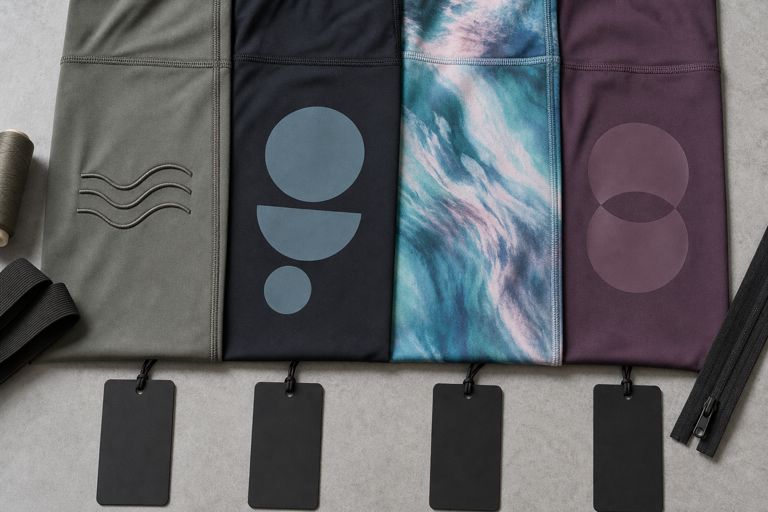 Fabric samples with embroidery, print, sublimation and heat-transfer finishes