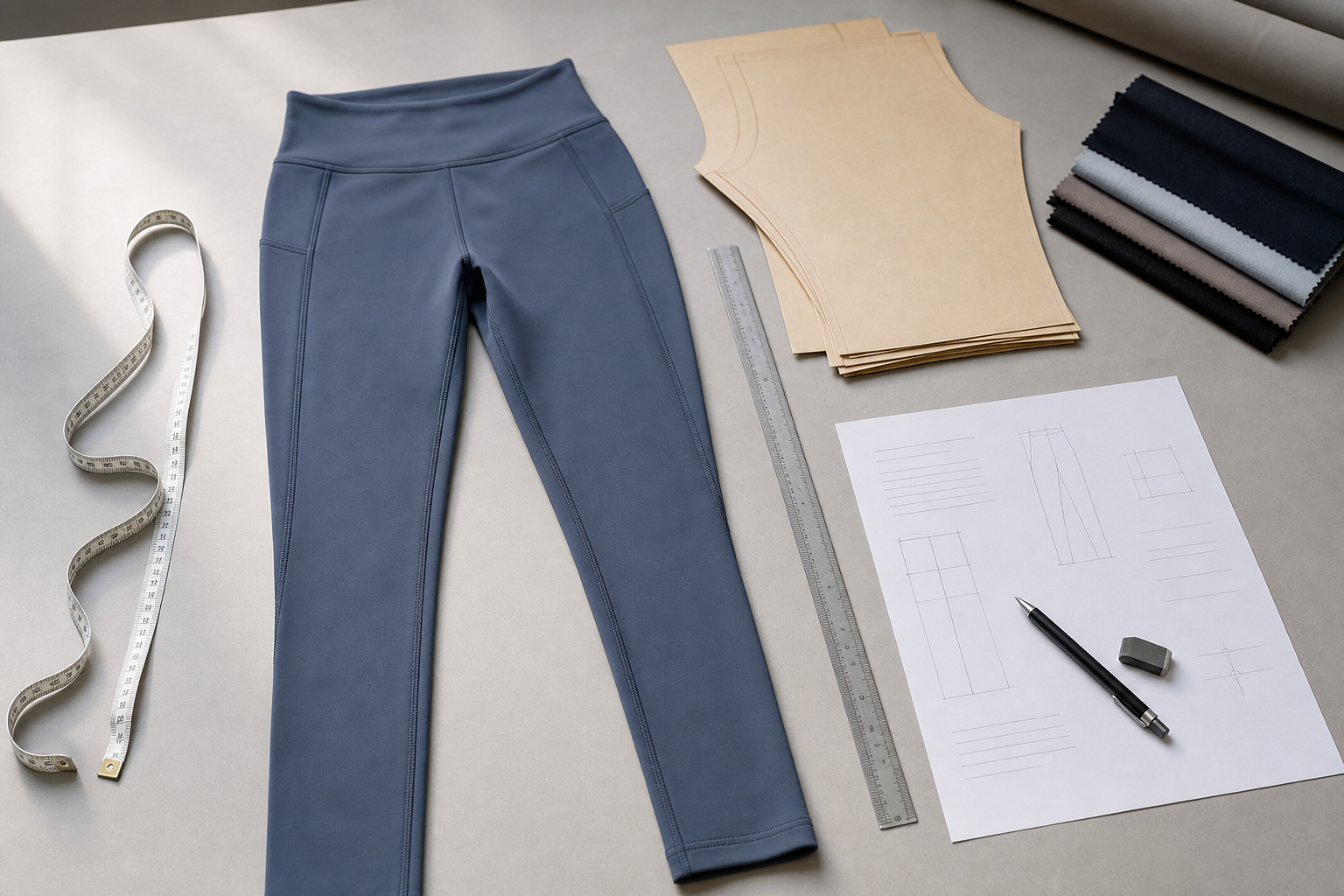 Leggings sample with measuring tape, pattern piece and review sheet