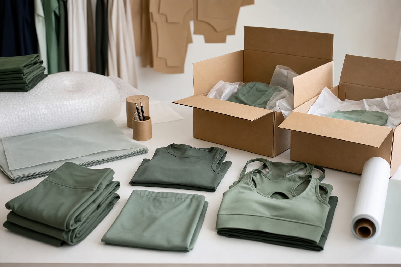 Folded activewear beside open export cartons and packing materials