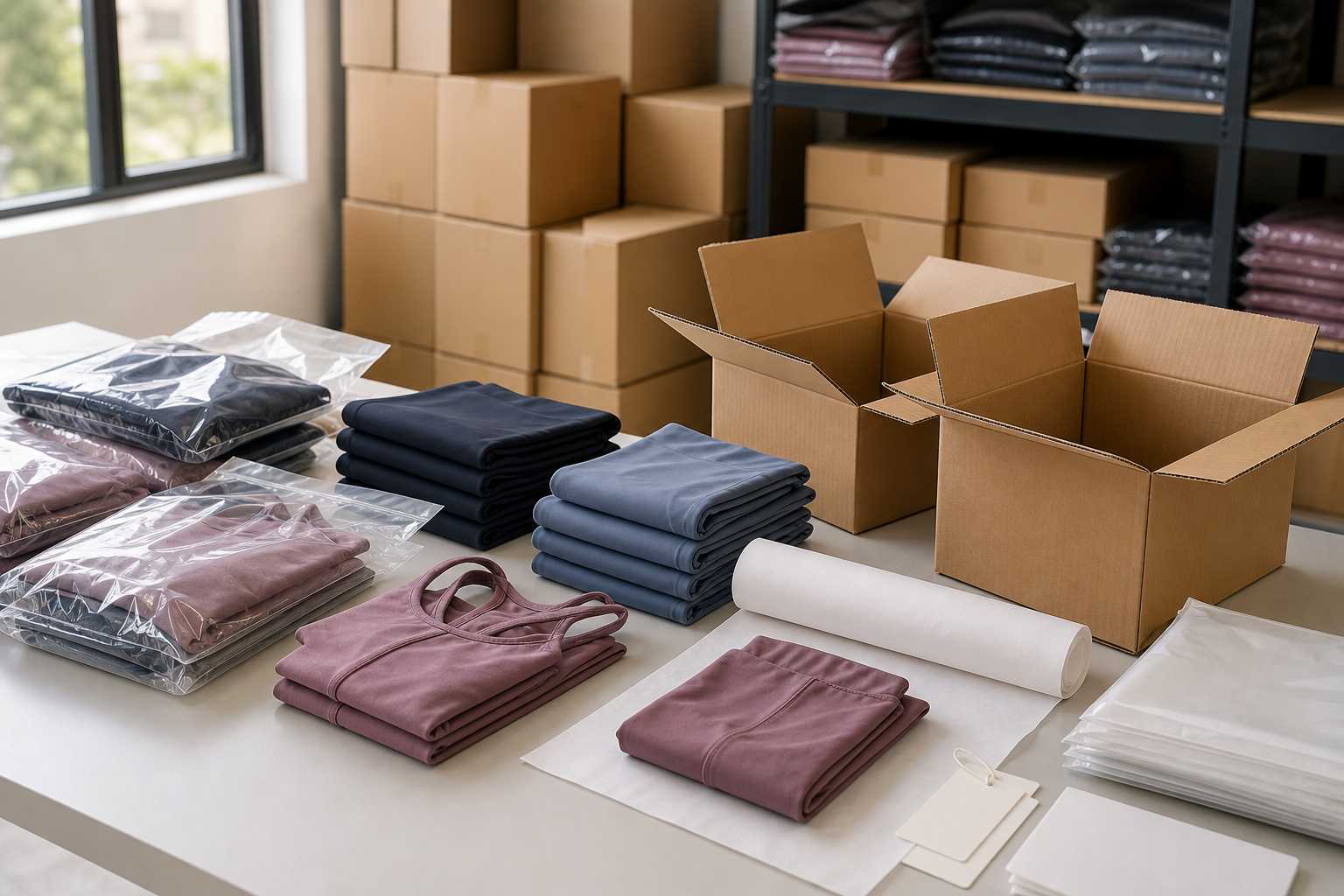Folded activewear prepared with protective bags and export cartons