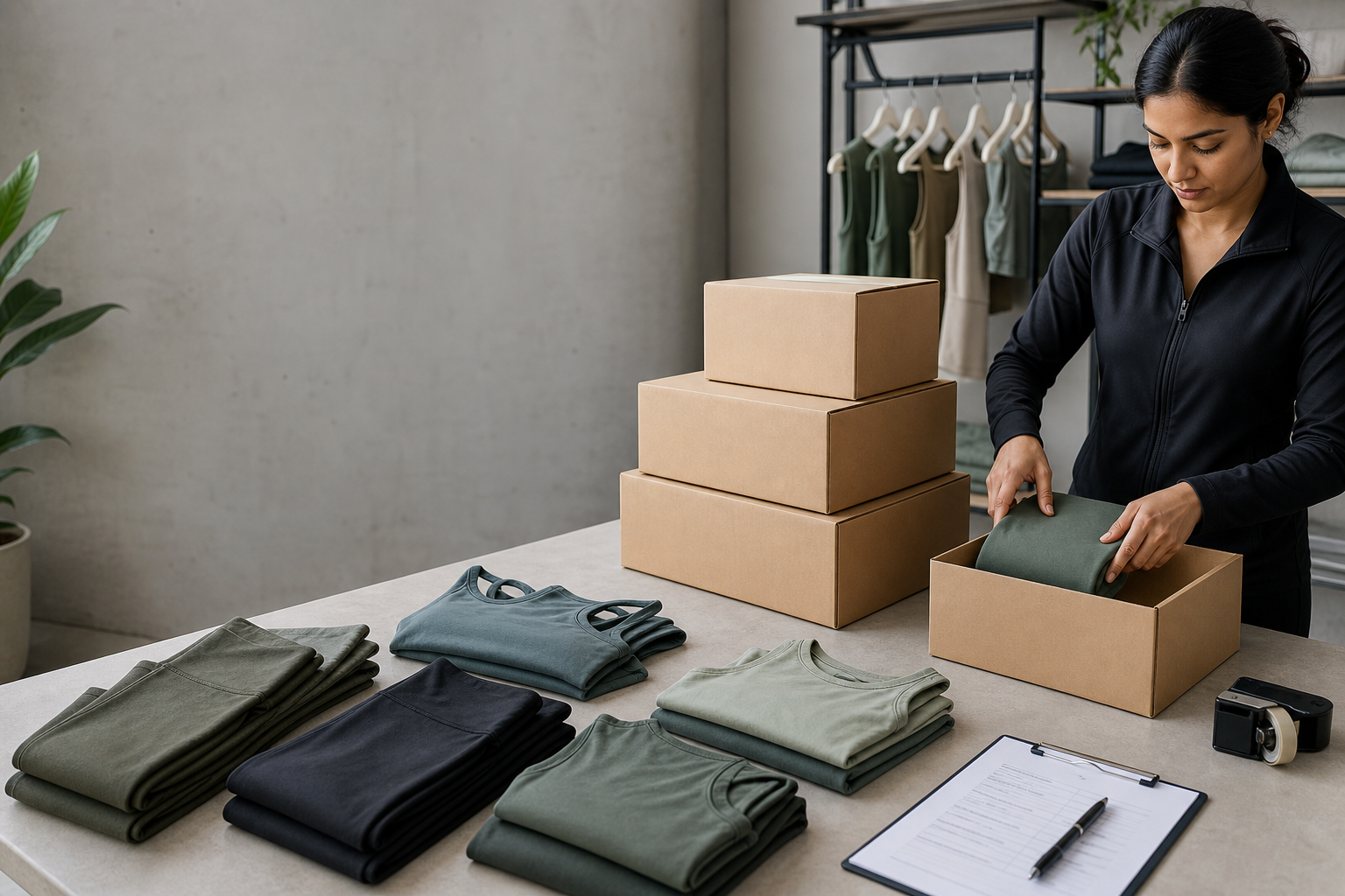 Folded yoga apparel beside plain export cartons