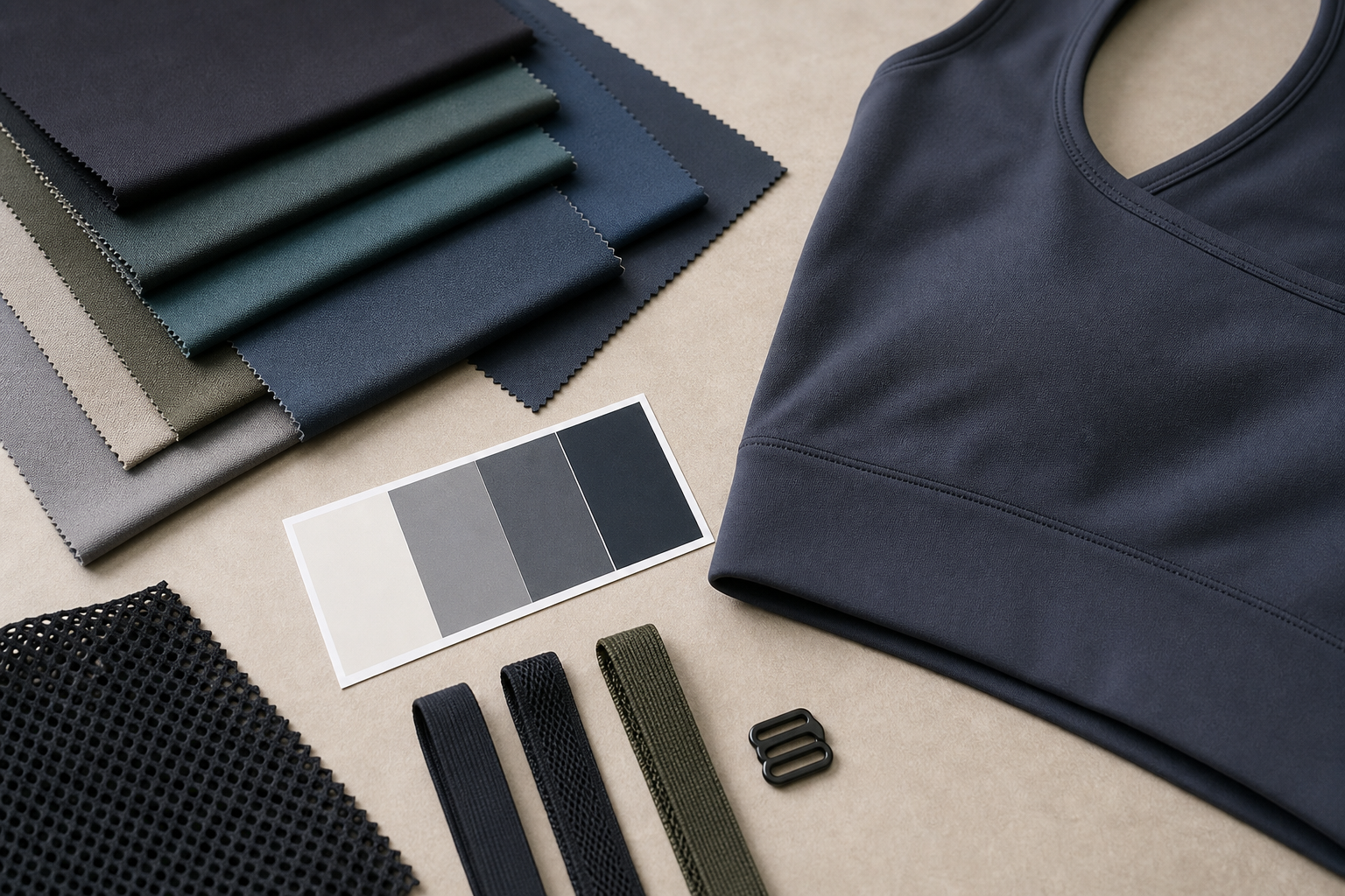 Activewear fabric swatches beside garment and colour references