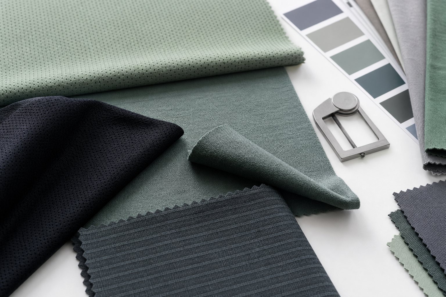 Activewear fabric swatches arranged for texture and colour review