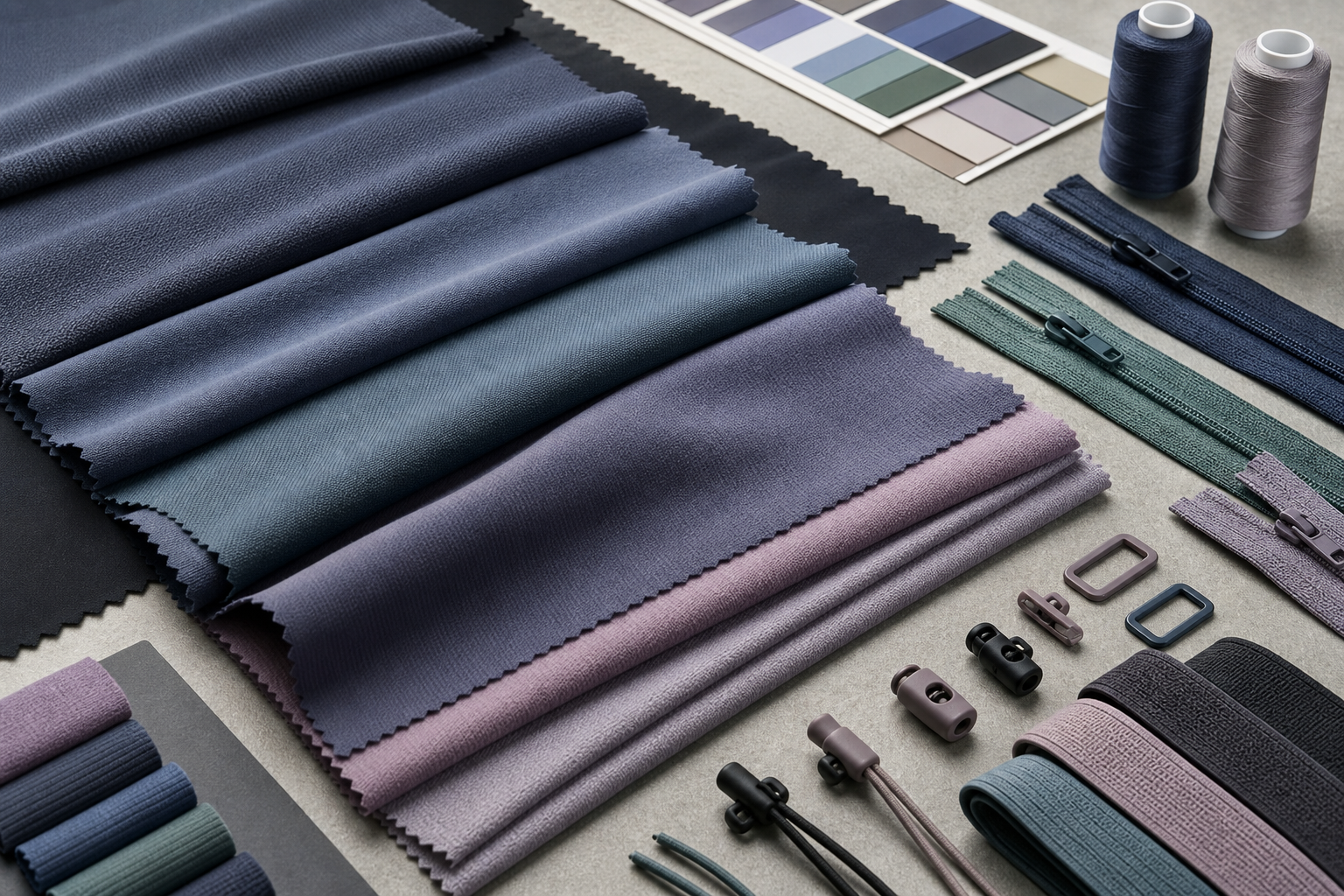 Stretch activewear fabric swatches with coordinated trim samples
