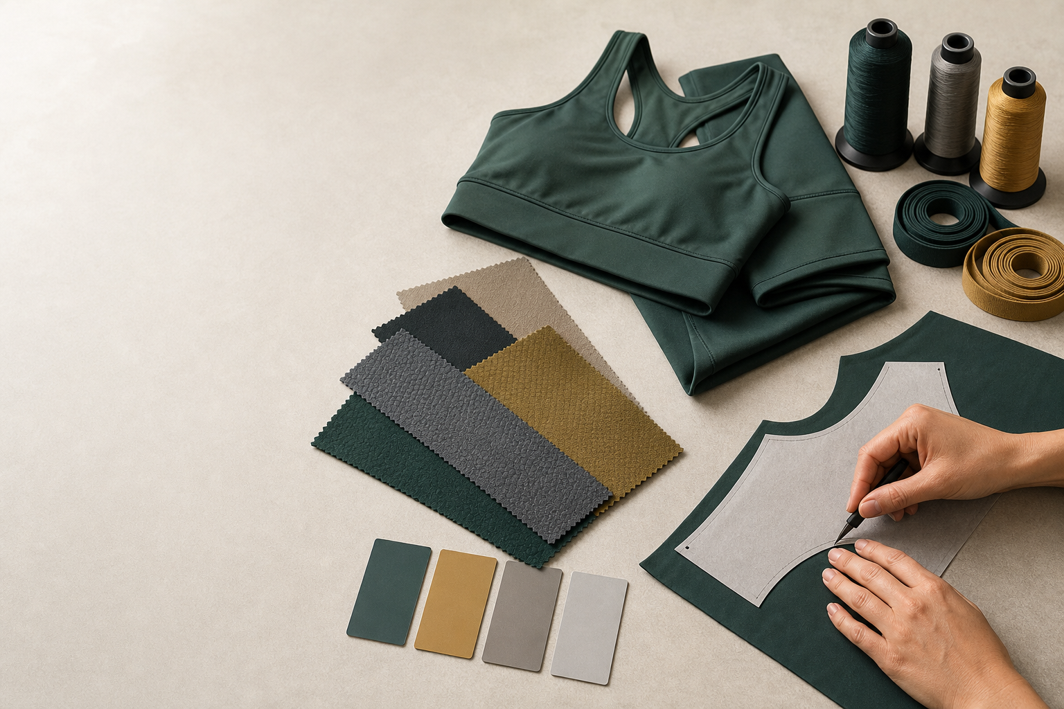 Activewear garments with coordinated fabric swatches and trims