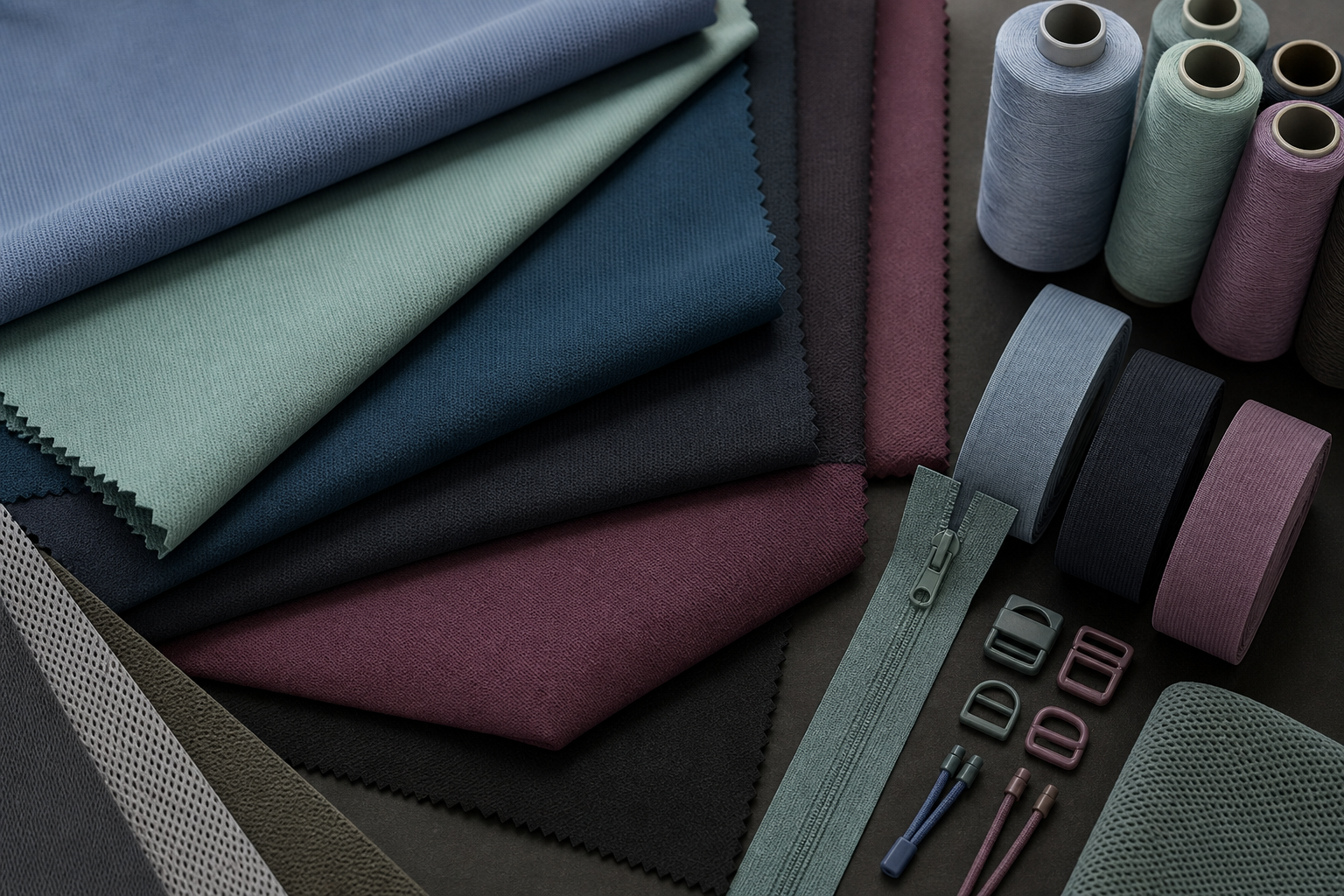 Stretch fabric swatches with matching elastic, thread and trim samples