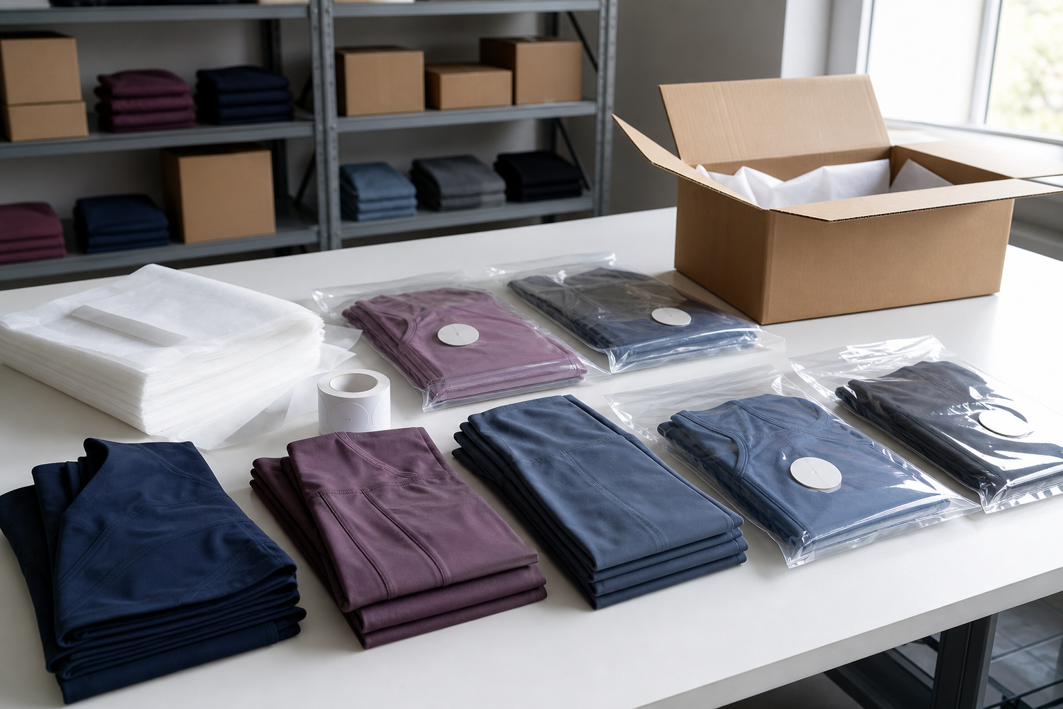 Folded activewear with unbranded packaging and carton materials