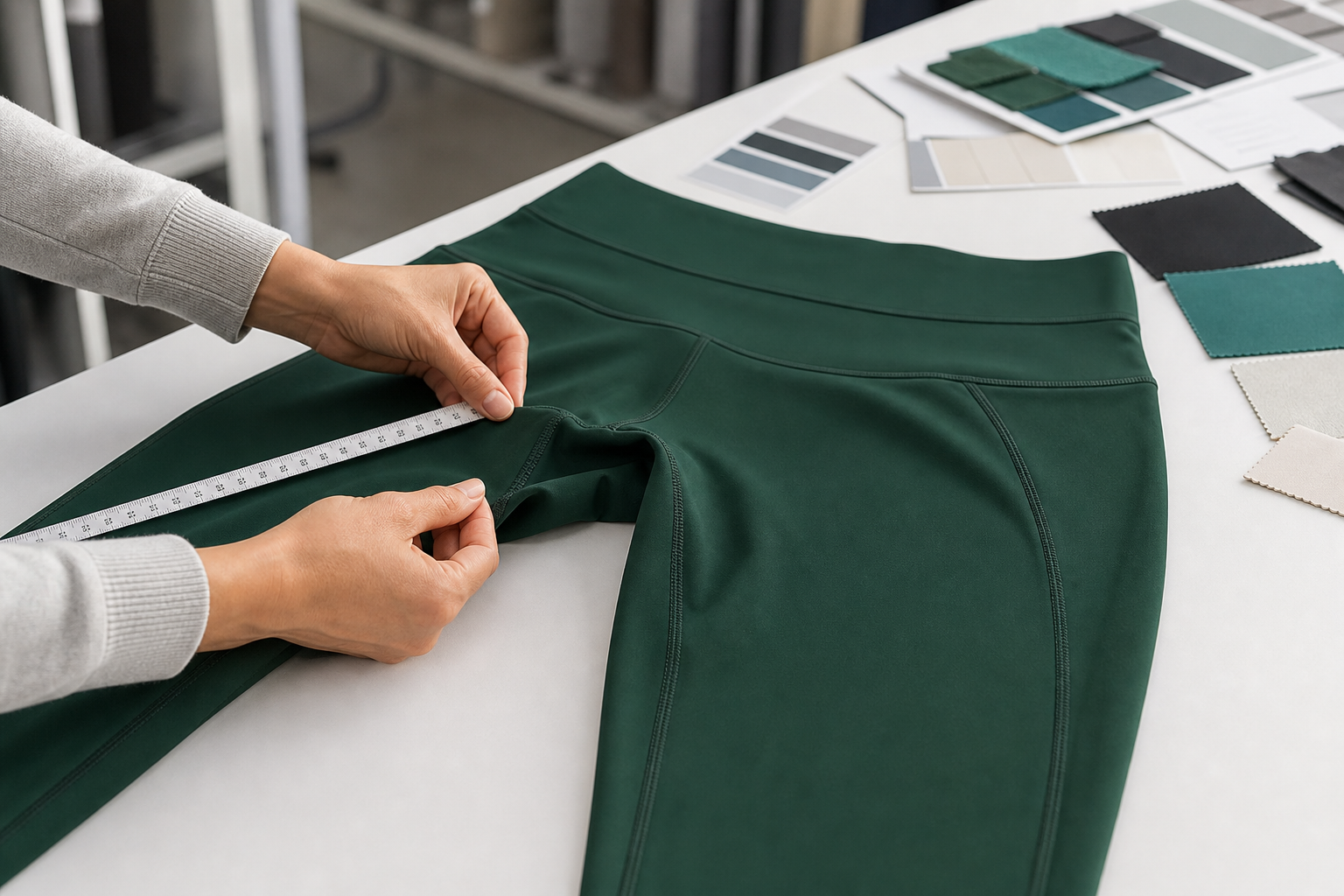 Hands measuring activewear leggings during a stitching review