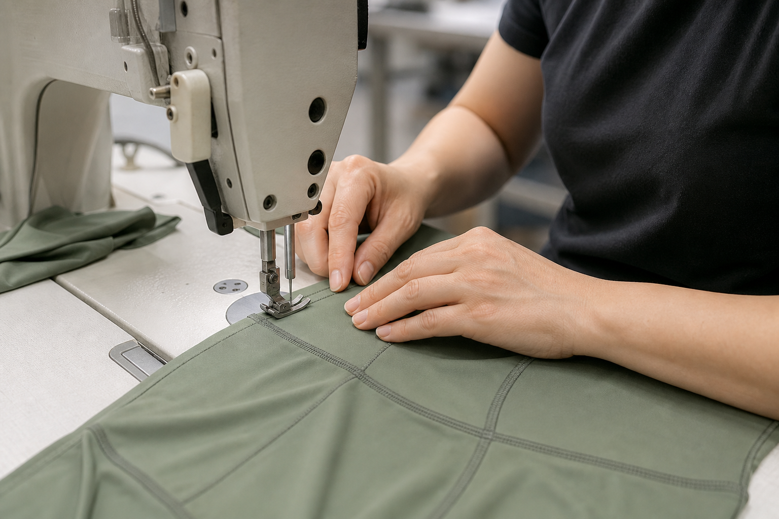 Technician sewing a stretch activewear garment seam