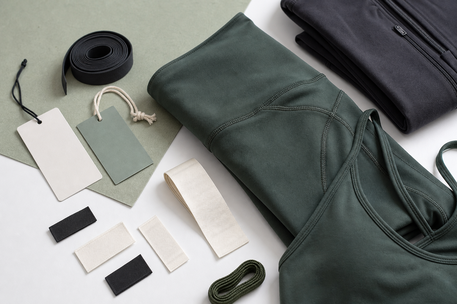 Blank garment labels and hangtags beside folded activewear