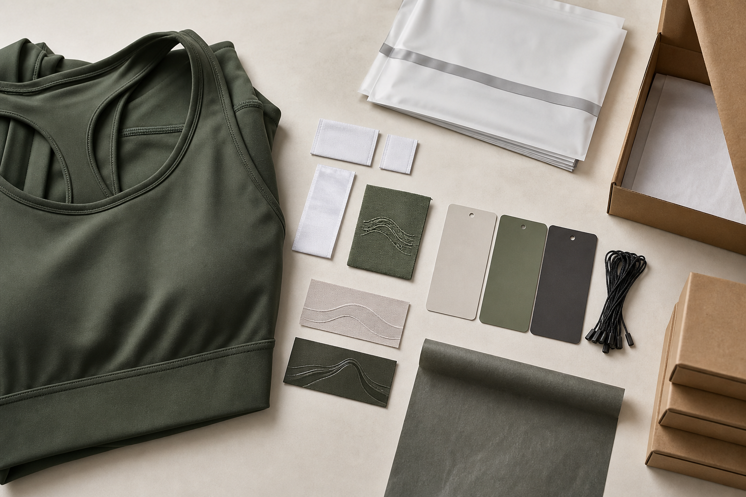 Blank garment labels, hangtags, decoration samples and packaging beside folded activewear