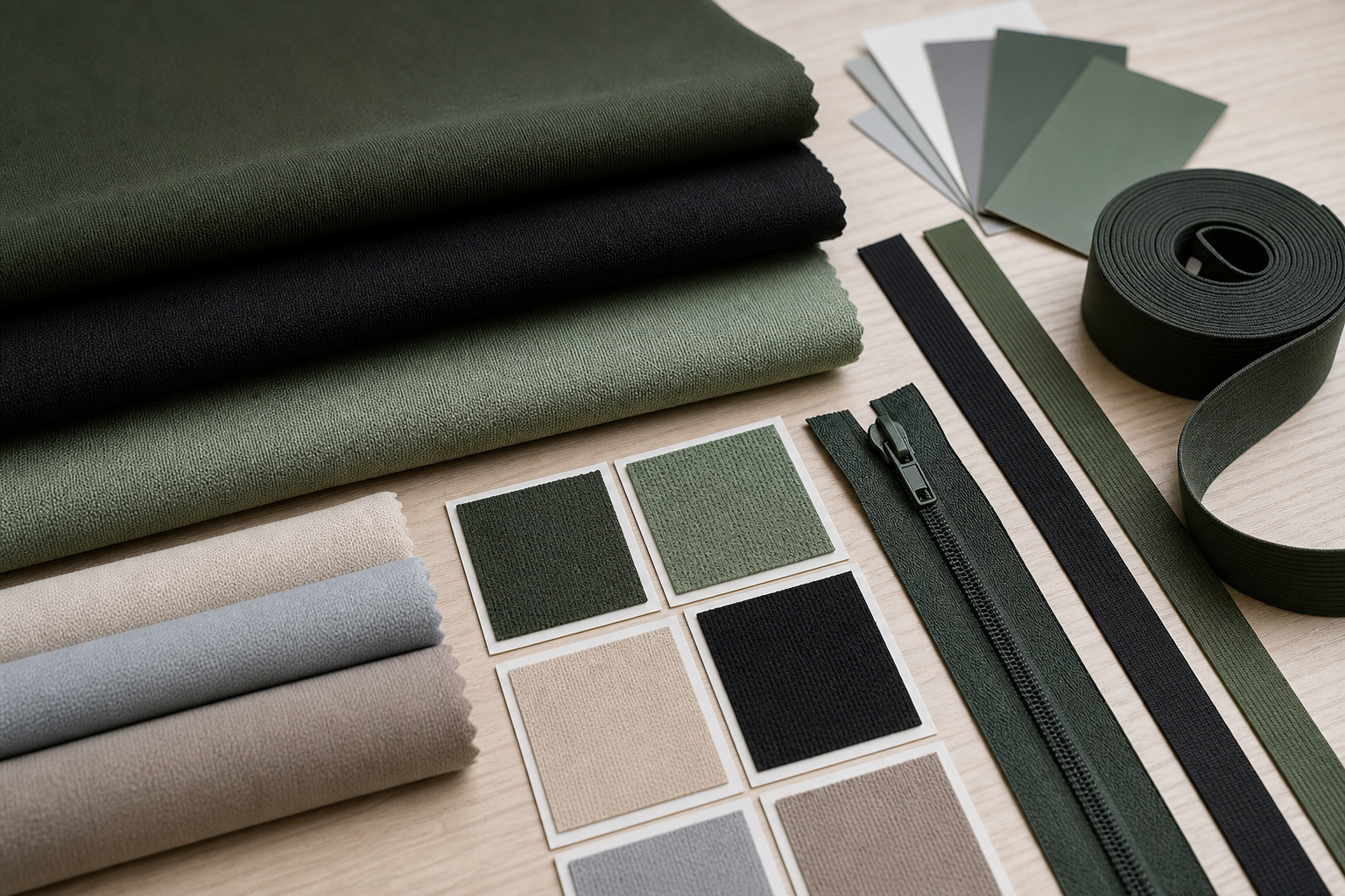 Stretch fabric swatches, colour samples and activewear trims on a review table