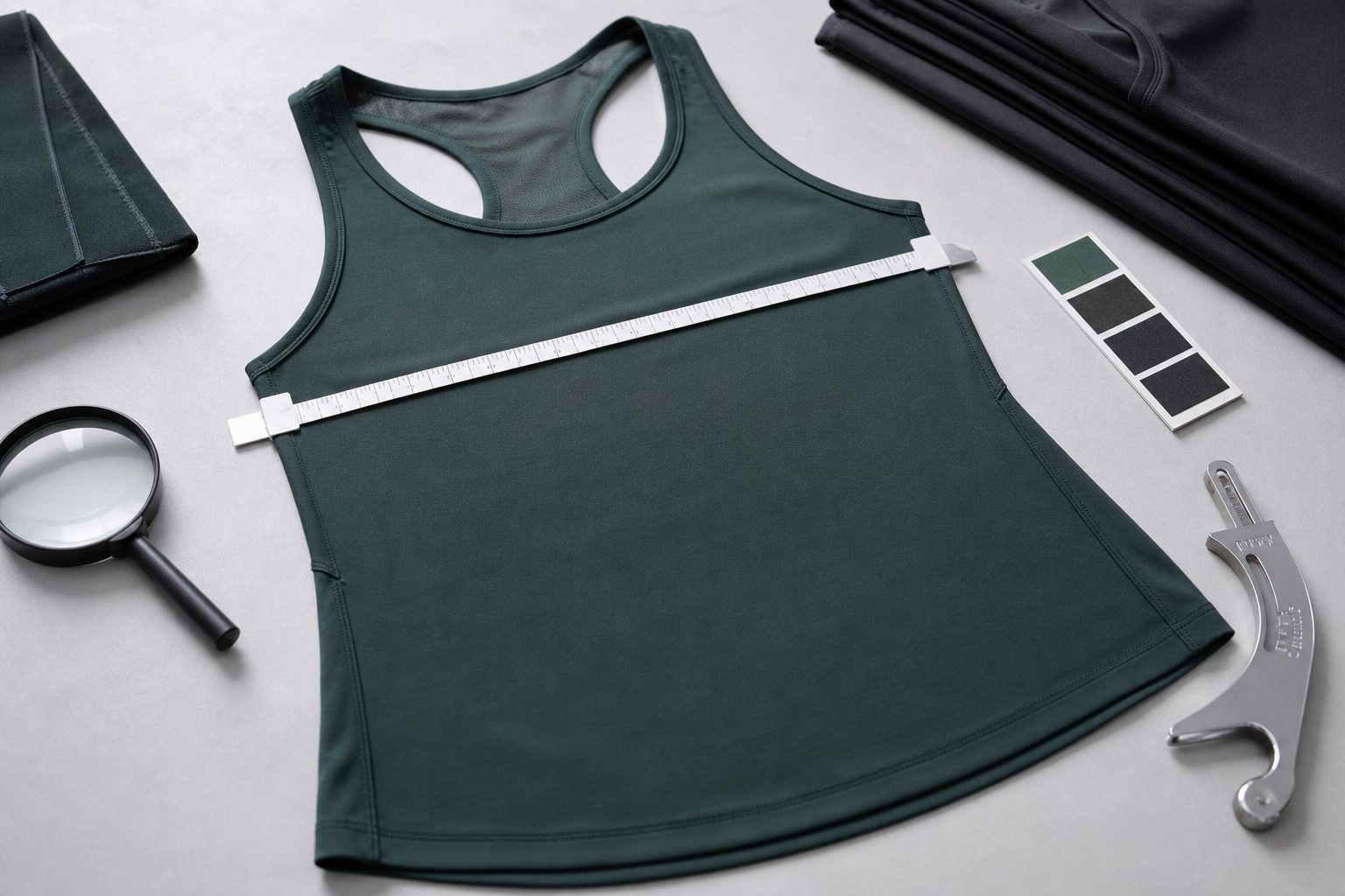 Activewear top with measuring tape and seam inspection tools