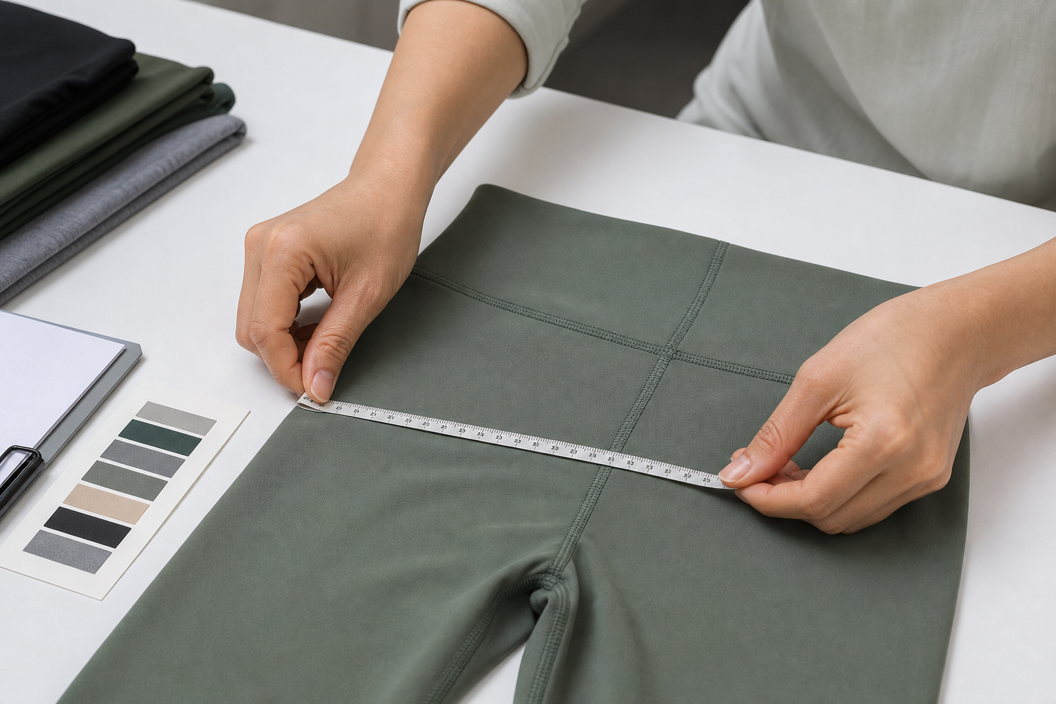 Hands measuring an activewear garment beside a finished seam