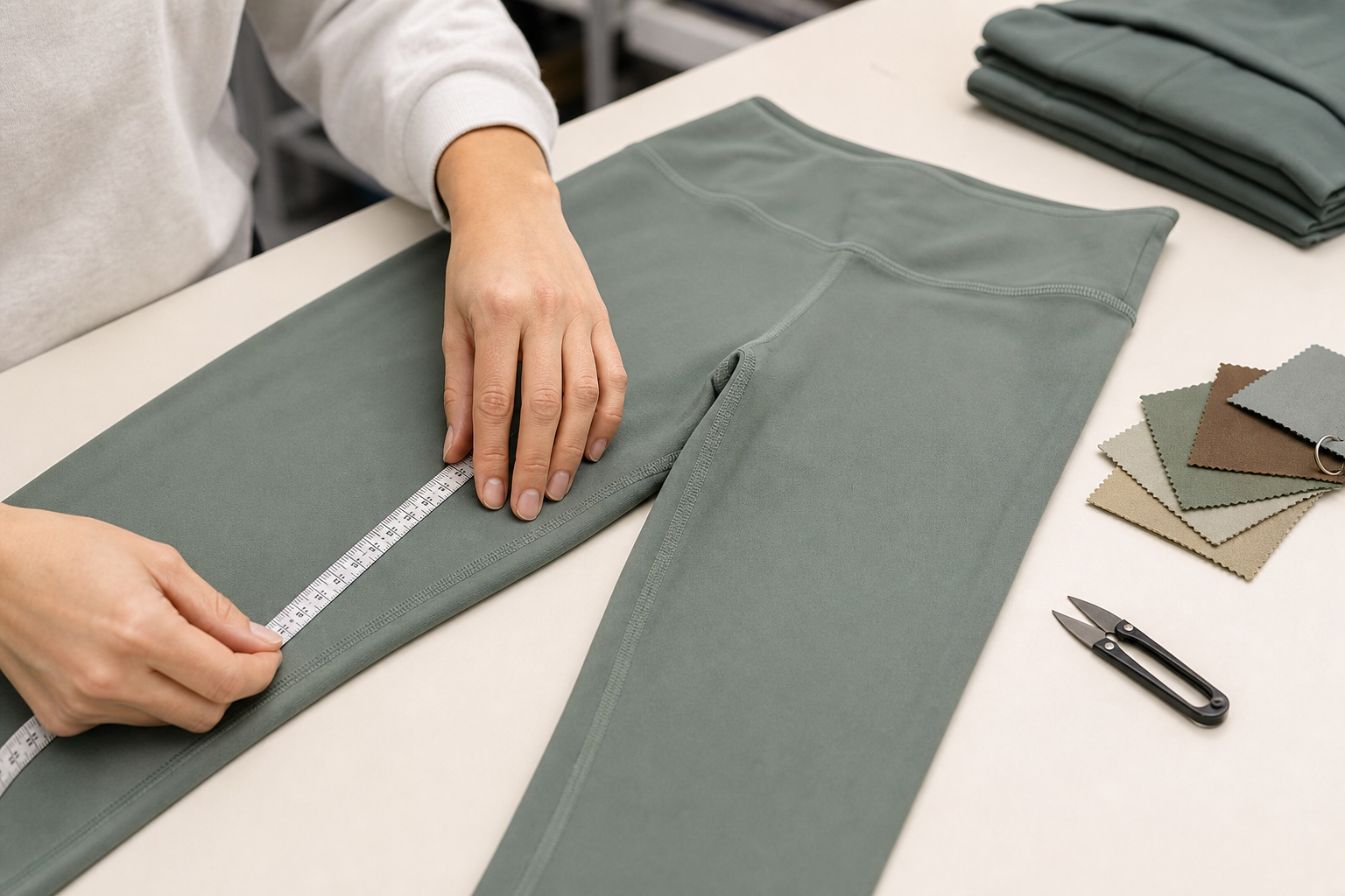 Inspector checking the measurements and stitching of yoga leggings