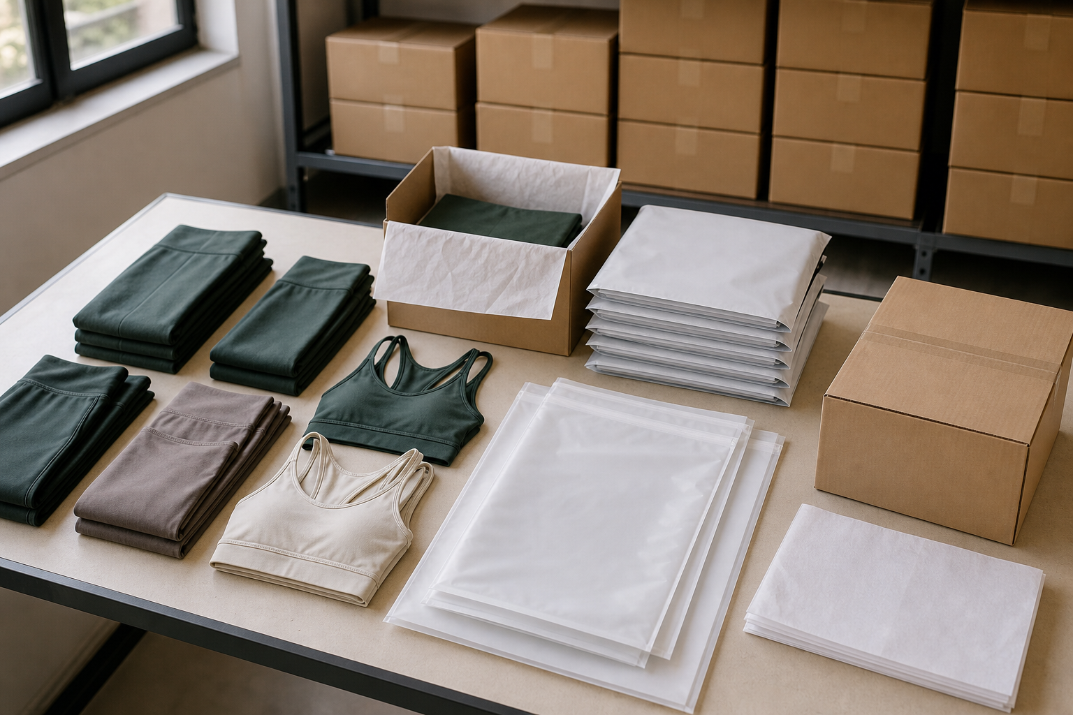 Folded activewear with plain packaging and export cartons