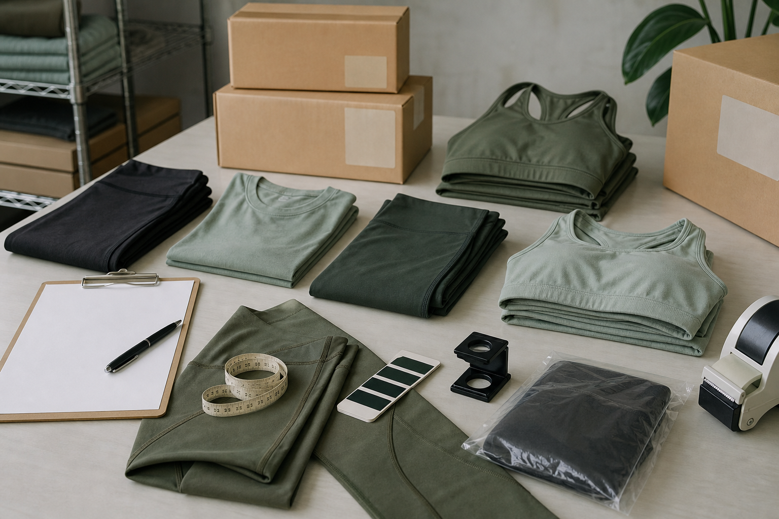 Folded activewear arranged beside a packing checklist and carton