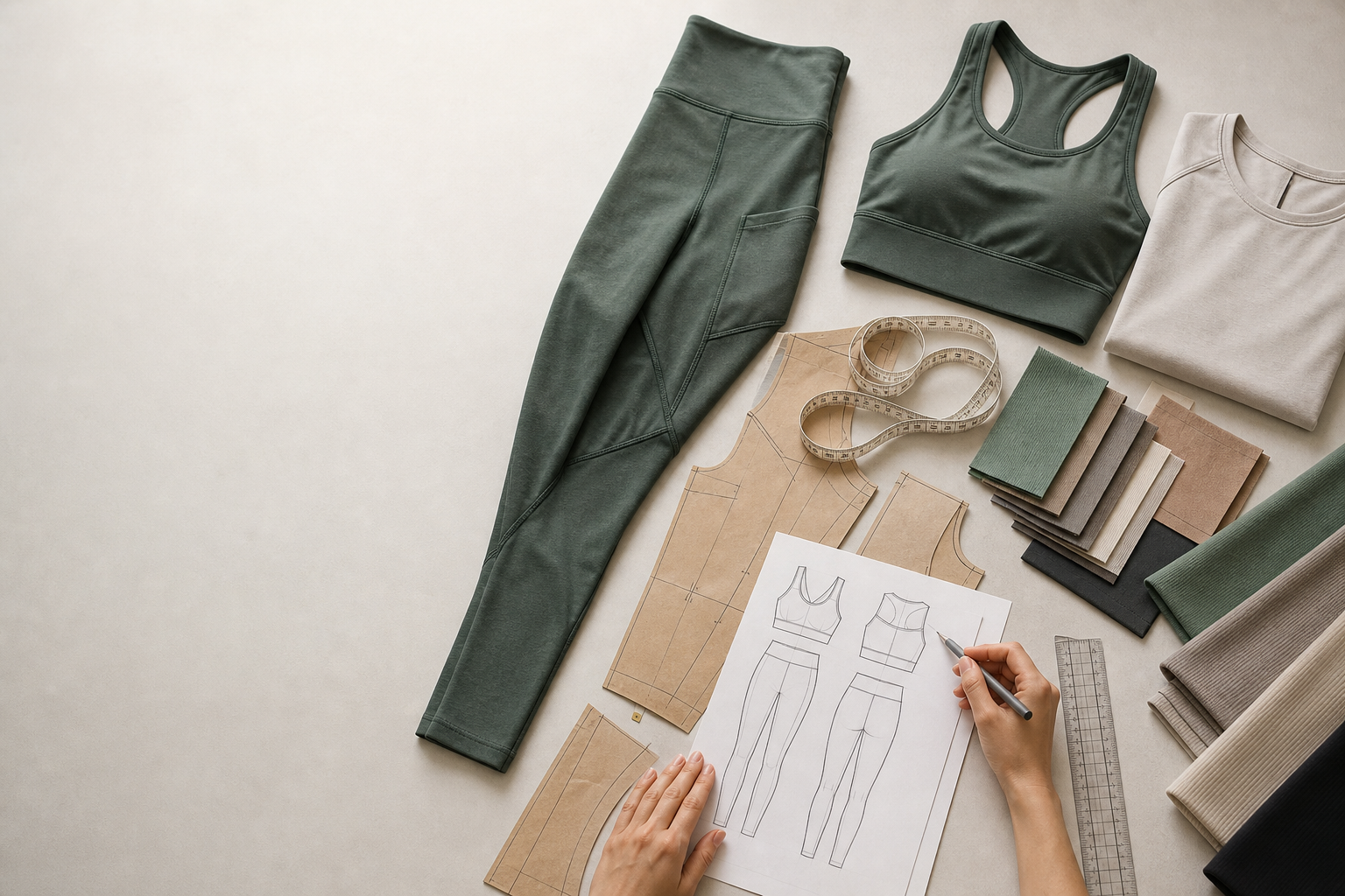 Yoga garments with pattern pieces, measuring tools and fabric swatches