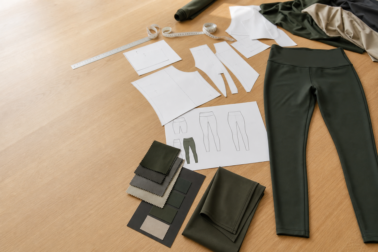 Leggings, pattern pieces, fabric swatches, and measuring tools on a development table