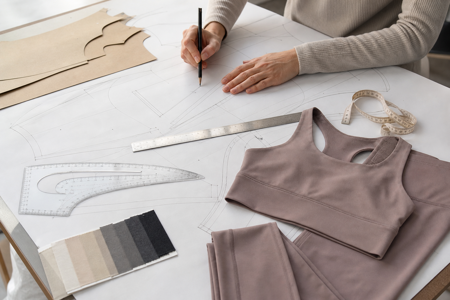 Pattern pieces and measurement tools beside an activewear sample