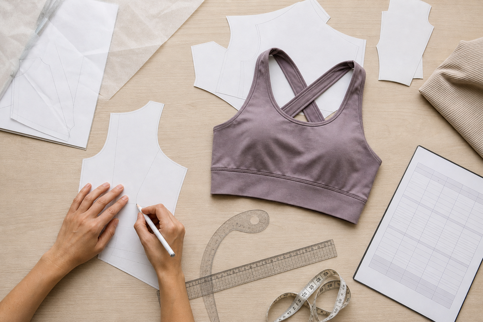 Activewear garment with pattern pieces, measuring tape and measurement worksheet