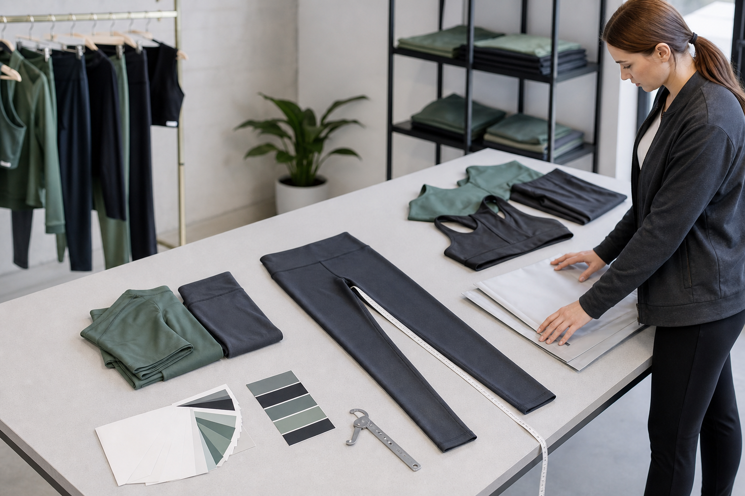Activewear garments arranged with measurement and inspection tools