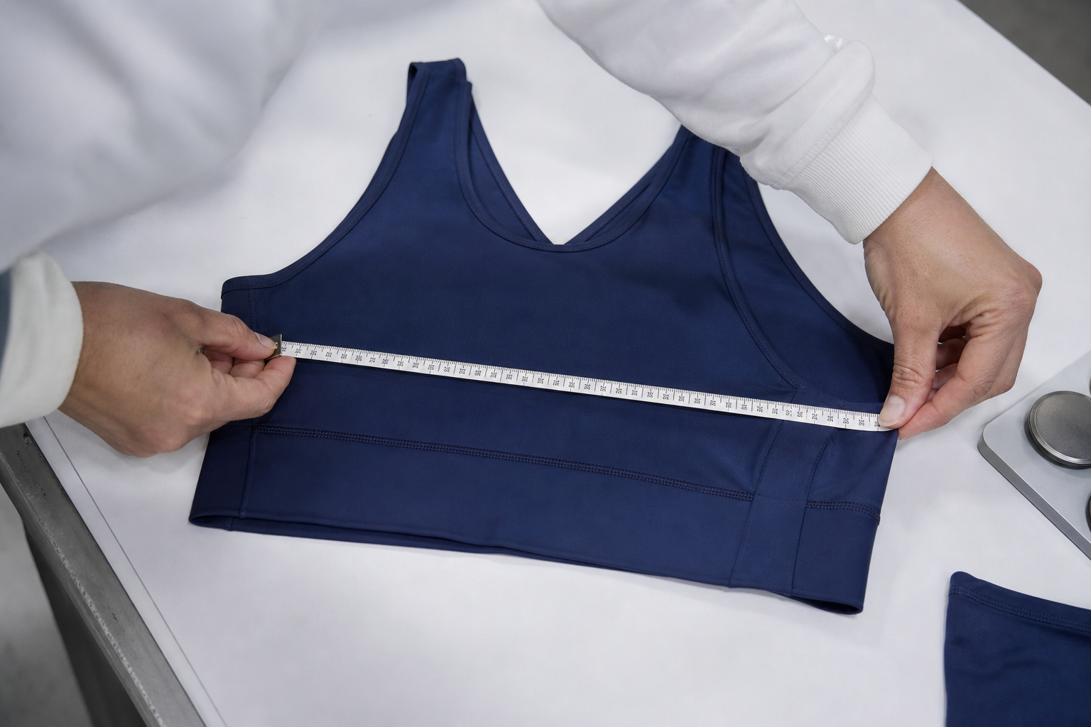 Activewear garment measured on a quality inspection table