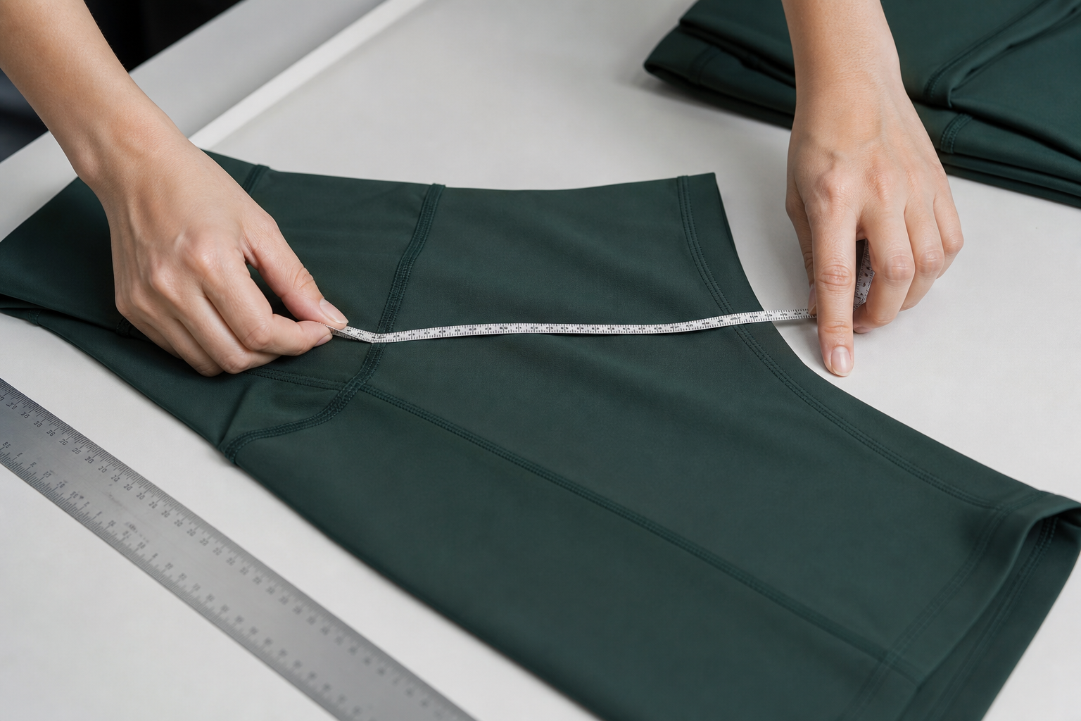 Hands measuring an activewear garment and checking its stitched seam