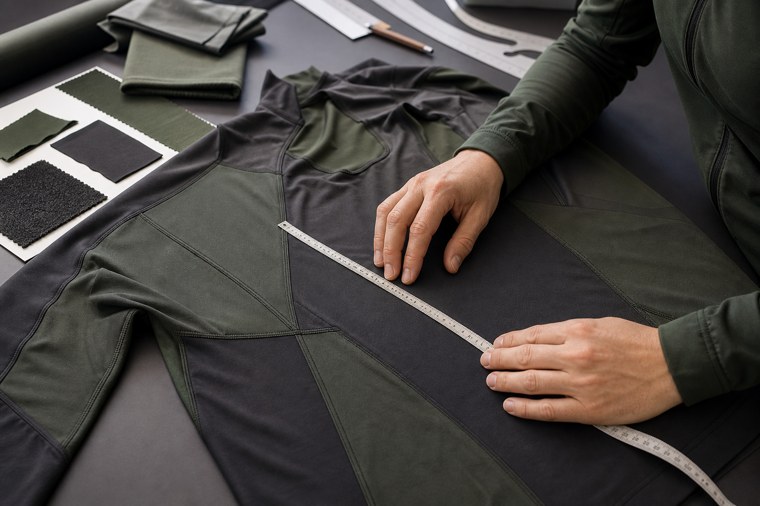 Sample maker measuring an activewear prototype on a worktable