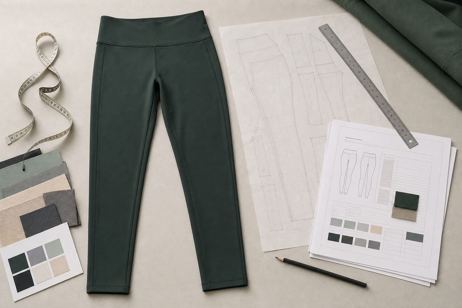 Activewear sample with measurement tools and pattern sheets