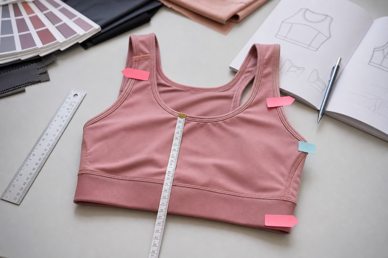 Activewear sample laid flat with measuring tape and revision markers