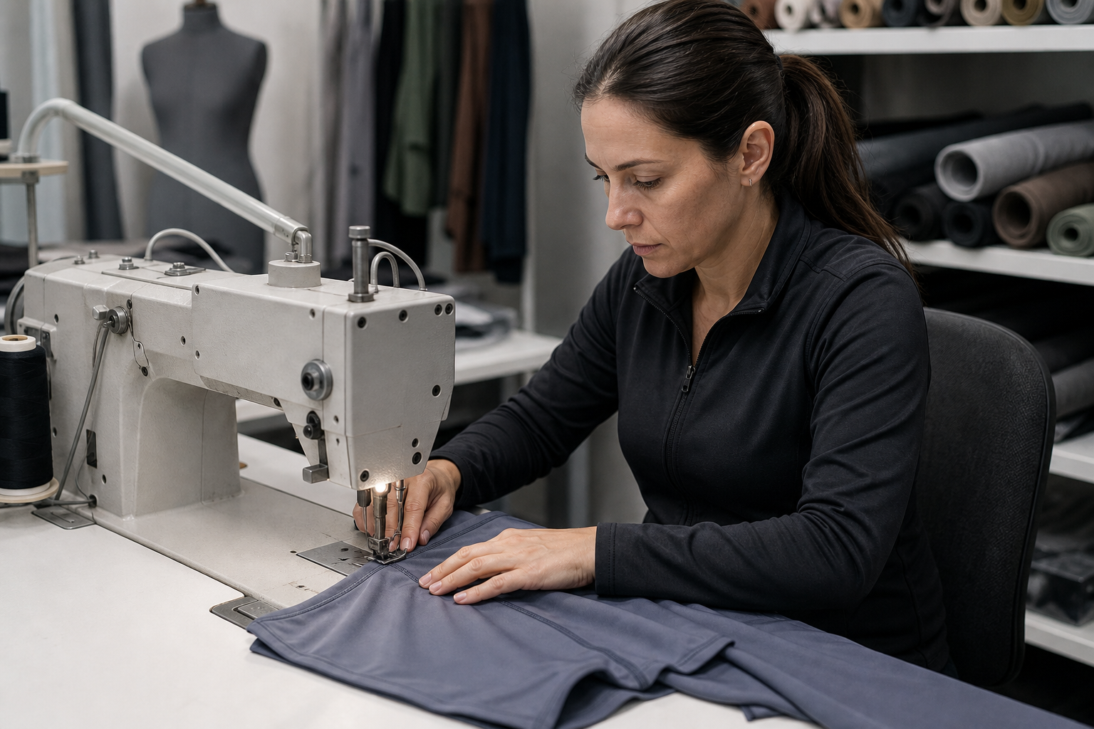 Technician sewing an activewear sample on an industrial machine
