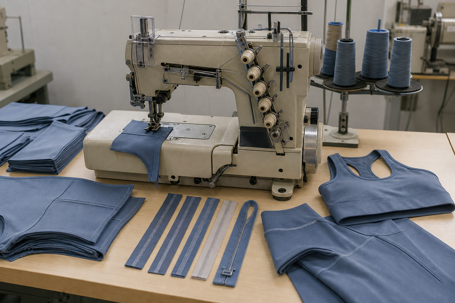 Activewear panels arranged at an industrial sewing workstation