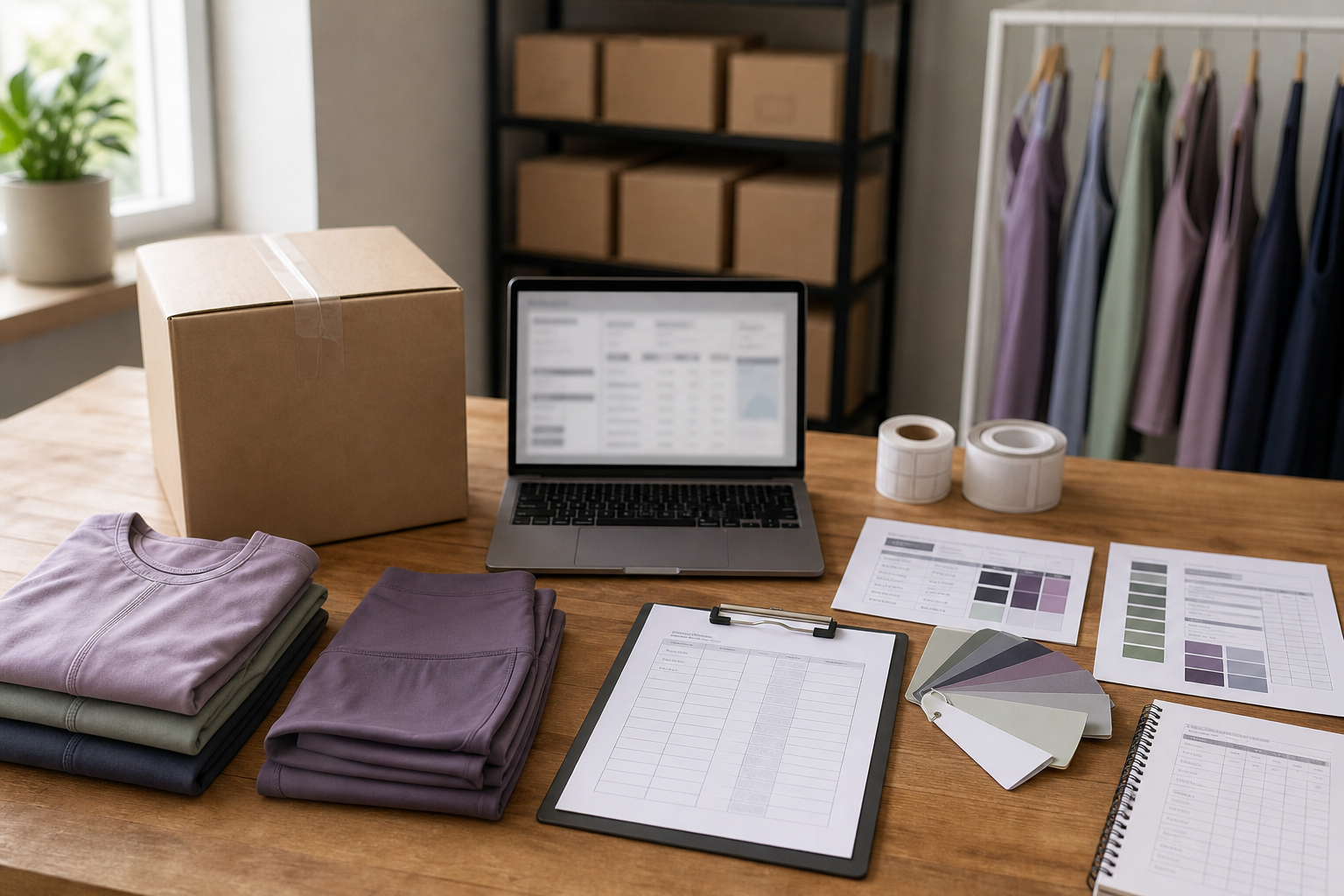 Activewear shipment planning documents and folded garments