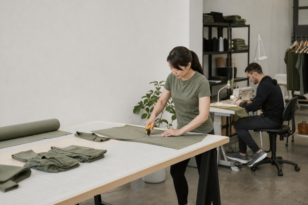 Two apparel technicians working at separate garment production stations