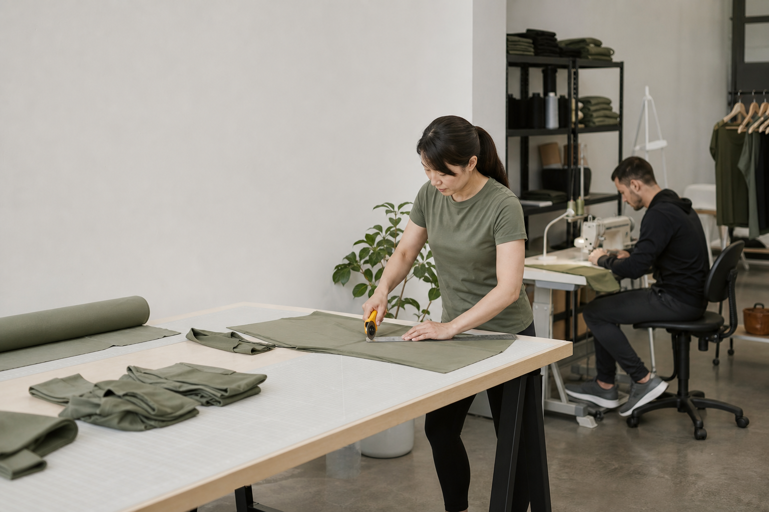 Two apparel technicians working at separate garment production stations