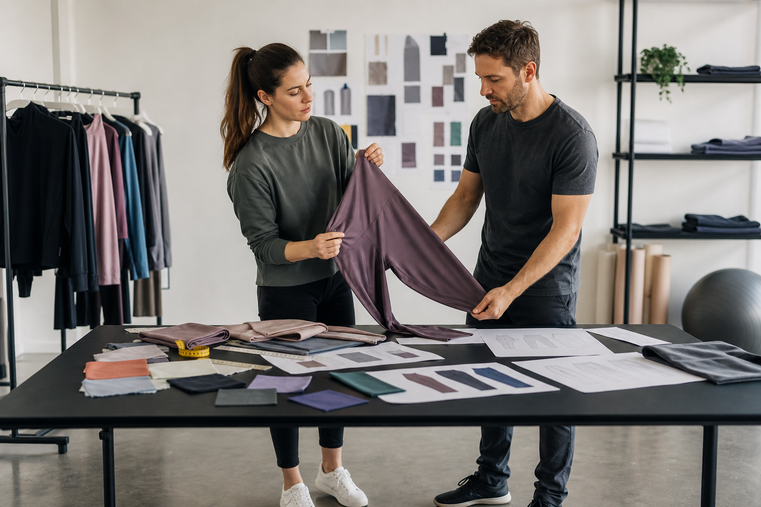 Two apparel professionals reviewing an activewear sample at a worktable
