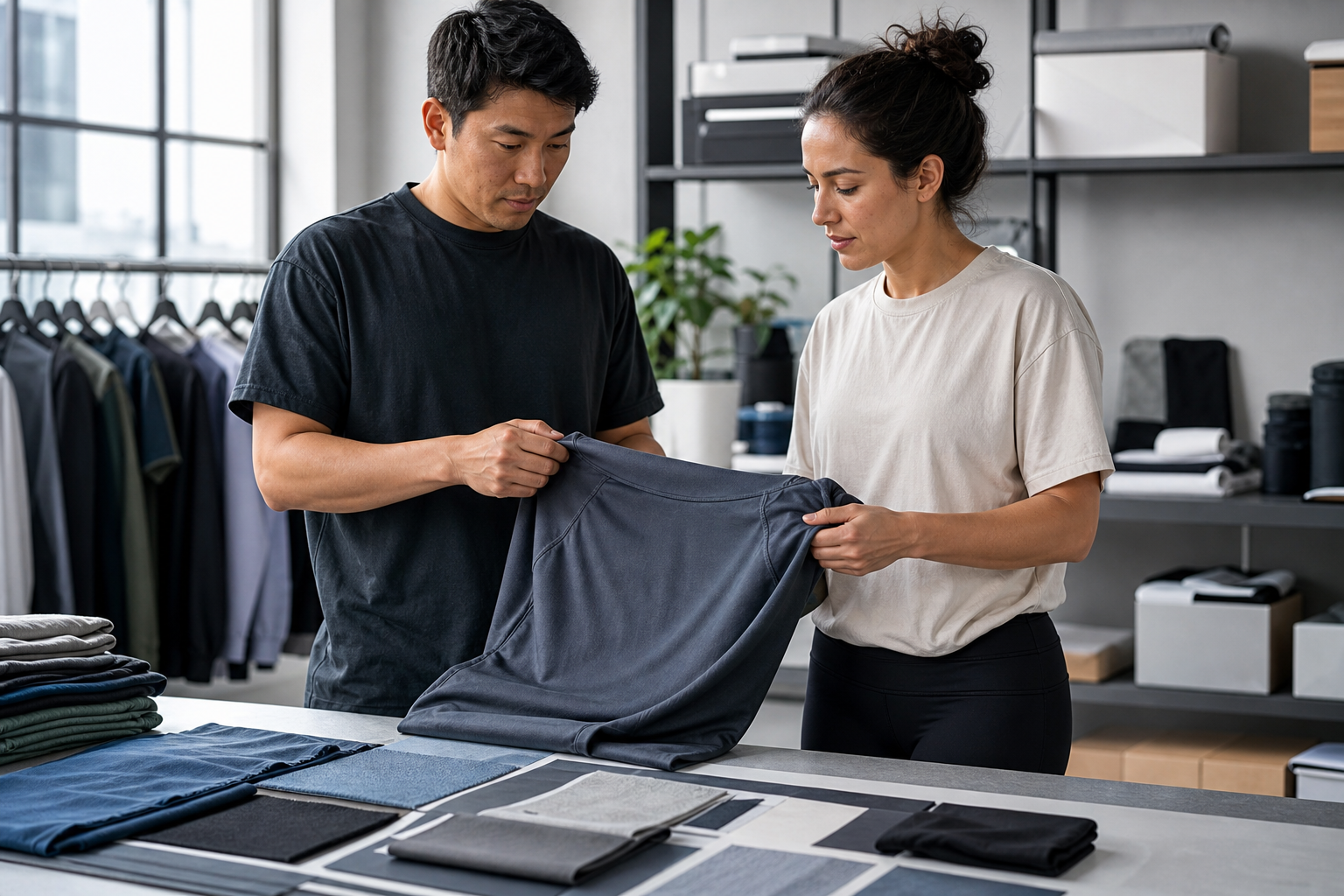 Two apparel specialists reviewing an activewear garment