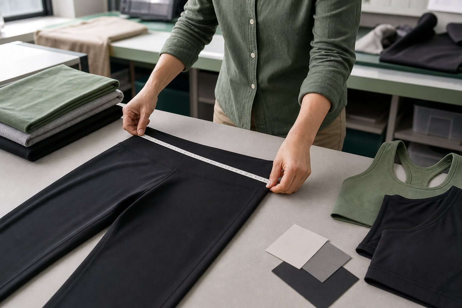 Inspector measuring the waistband of black activewear leggings