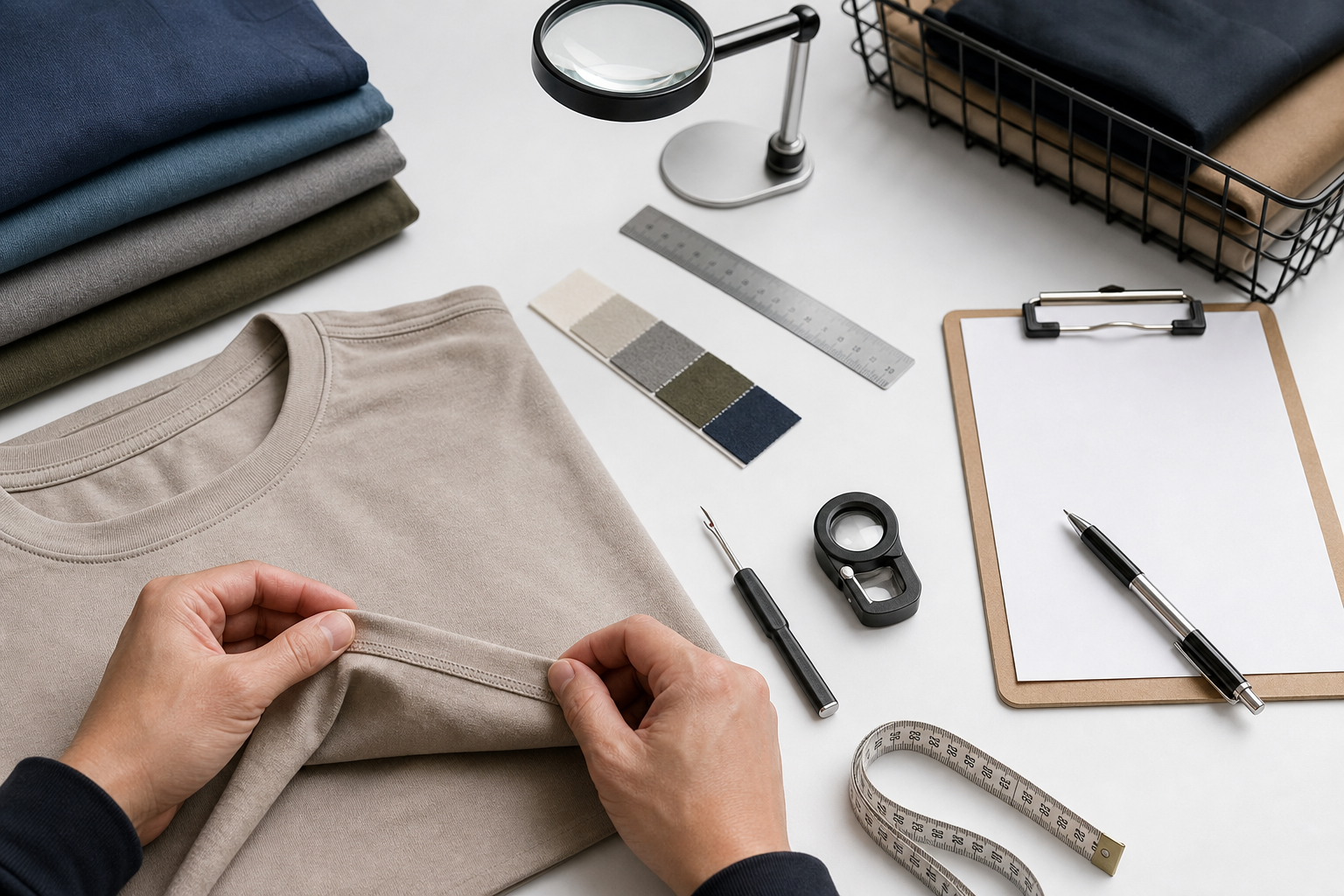 Garment samples and measurement tools arranged for inspection