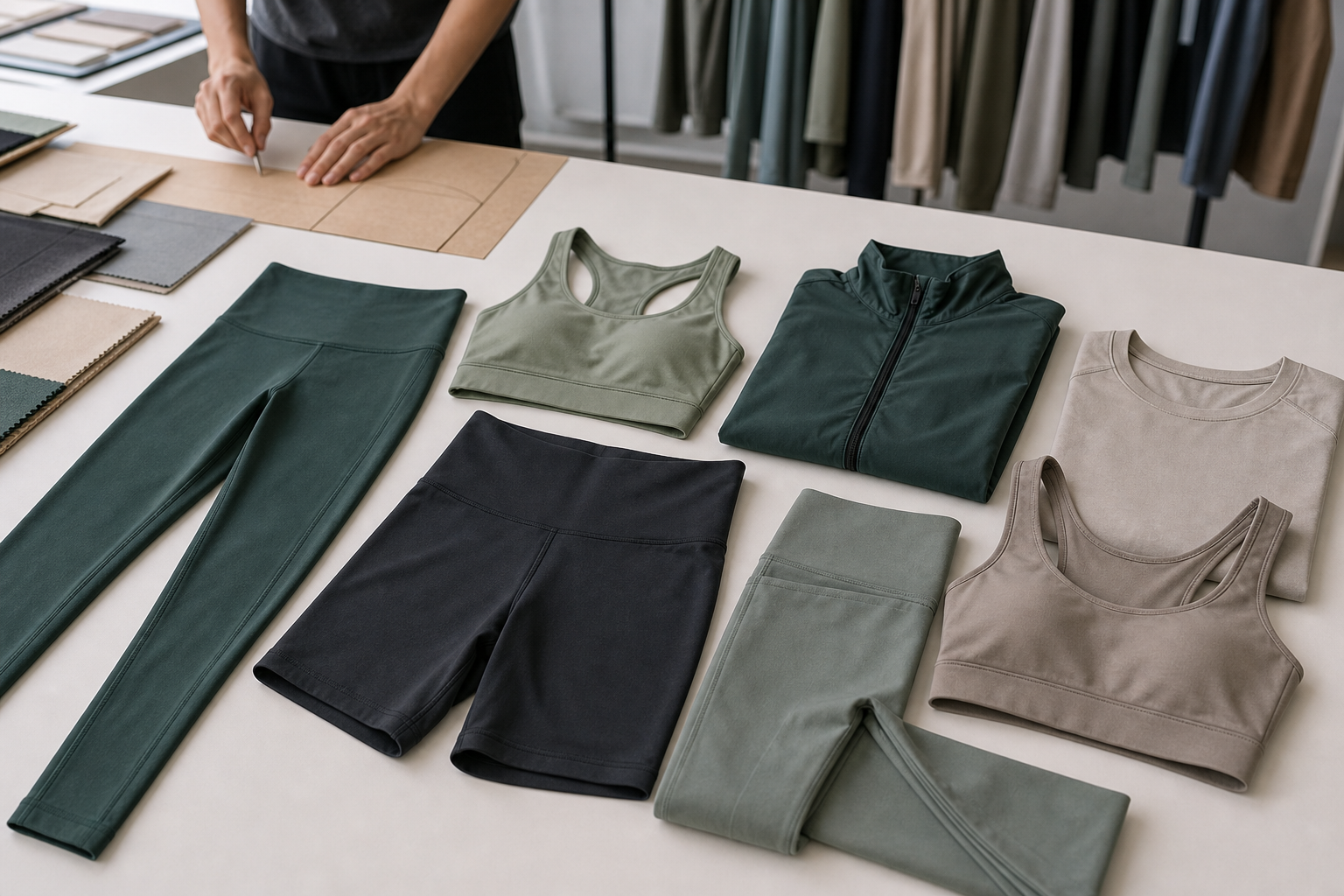 Coordinated leggings, sports bras, tops, shorts and jacket on a worktable