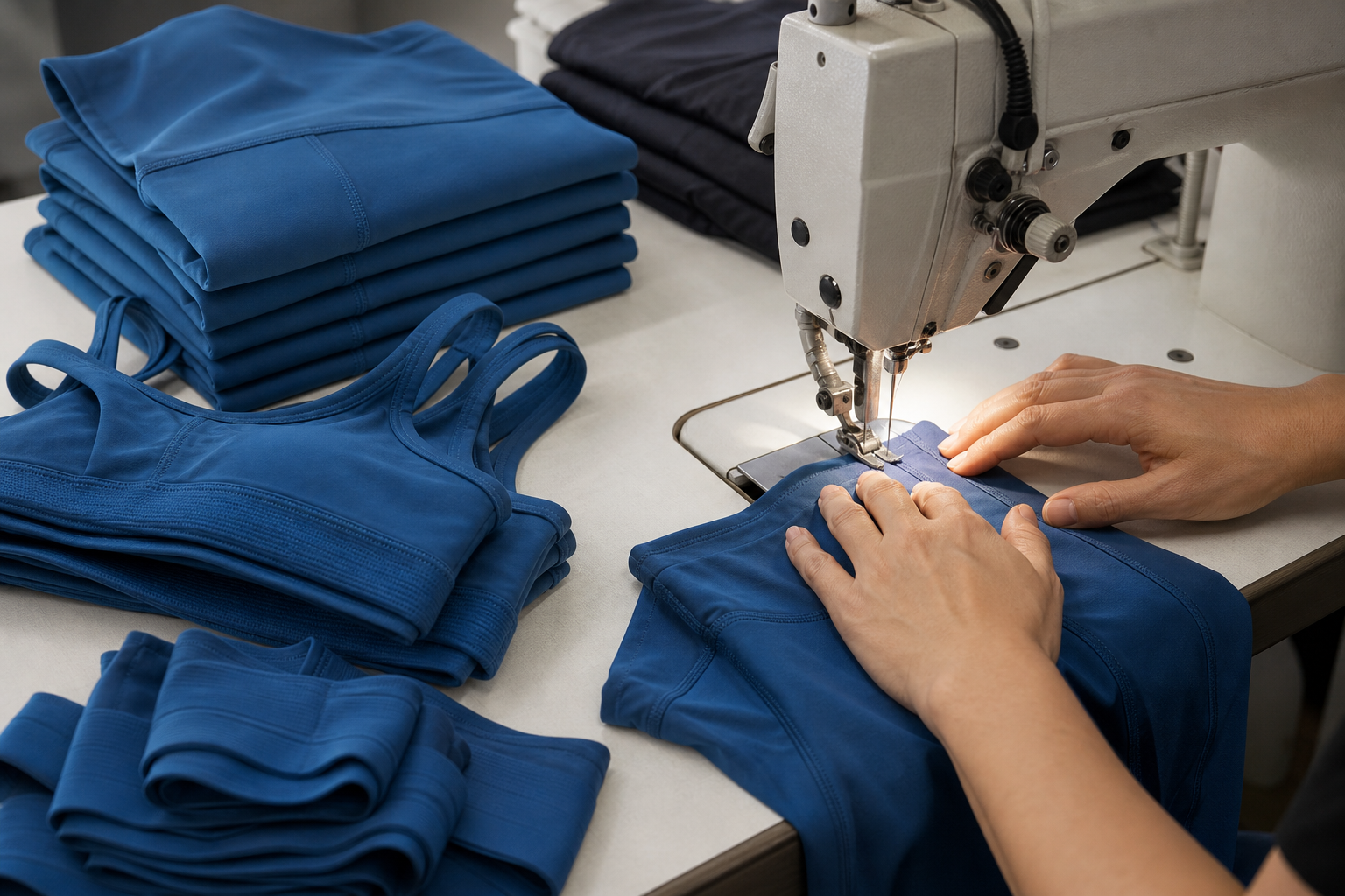 Activewear garment pieces organized beside an industrial sewing station