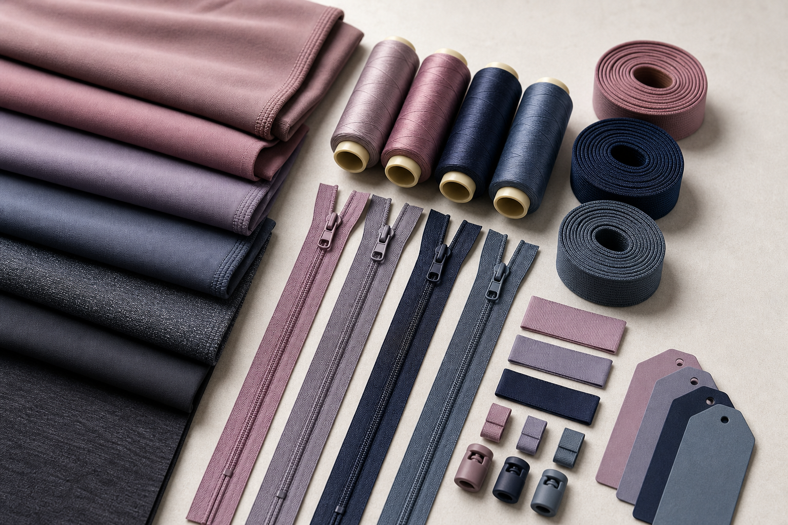 Coordinated fabrics, elastic, thread, zipper pulls, and label components