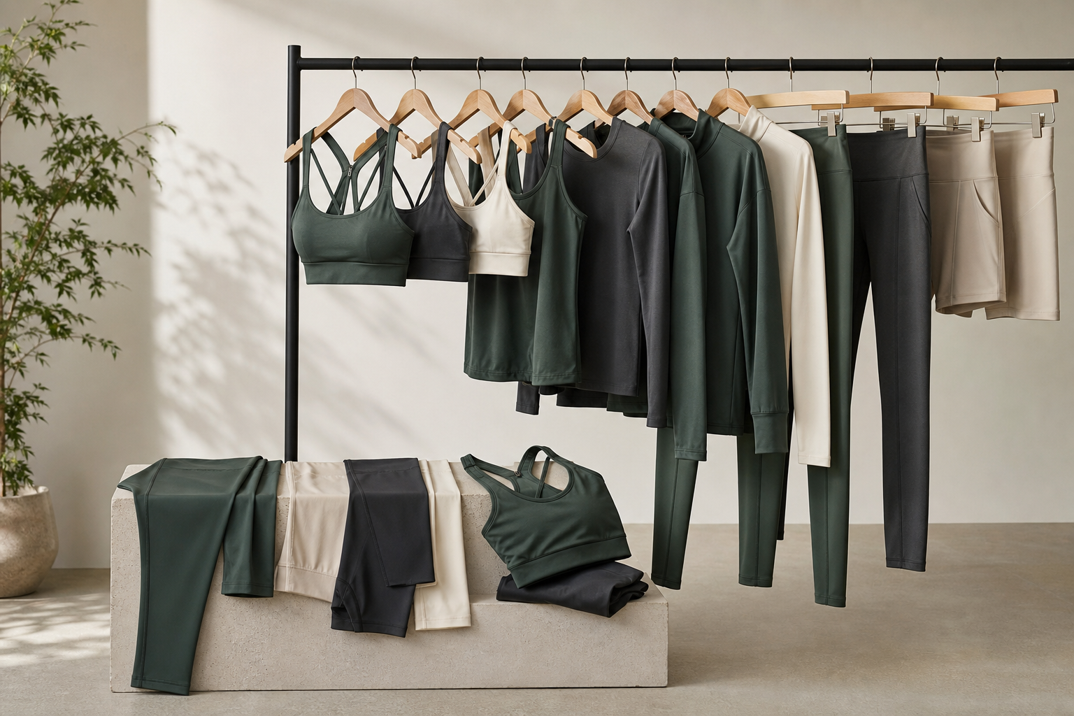 Coordinated leggings, shorts, sports bras, tops and jacket