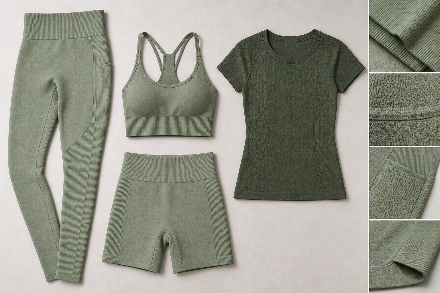 Seamless leggings, bra, top and shorts in coordinated green tones