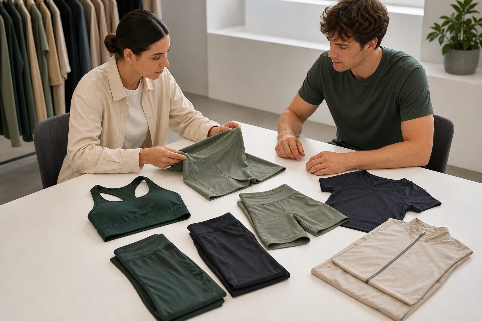 Coordinated leggings, shorts, sports bra, top and layering garment
